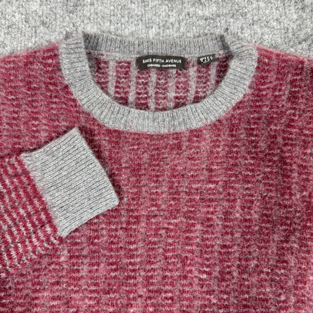 Saks Fifth Avenue Crewneck Sweater Women M Burgundy Grey 100% Cashmere EUC
